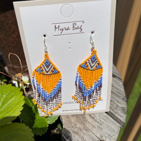 Myra Bag Jewelry - Hand Beaded Boho tassel boho western tribal earrings blue orange gold jewelry